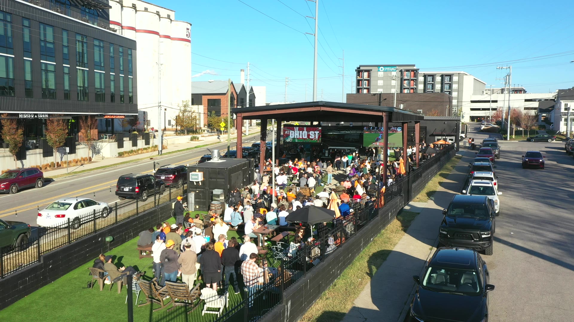 Aerial view of the packed patio and crowd at Bringle's Smoking Oasis in Nashville